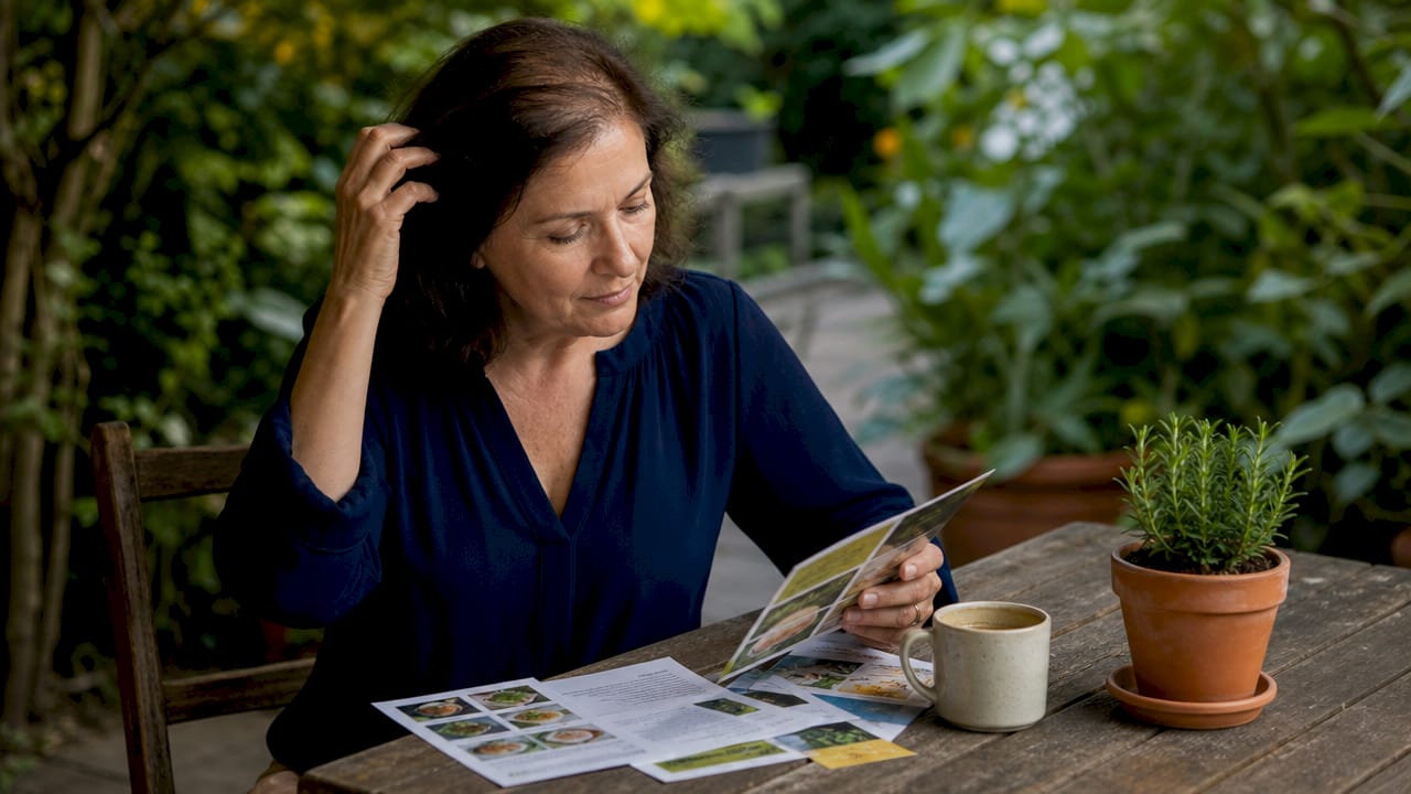 Woman reviewing nutrition info for hair loss at kitchen table