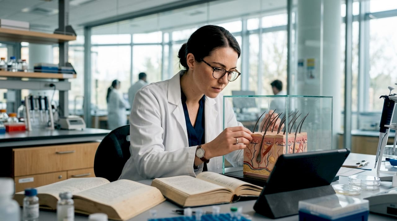 Scientist examining hair follicle model in lab