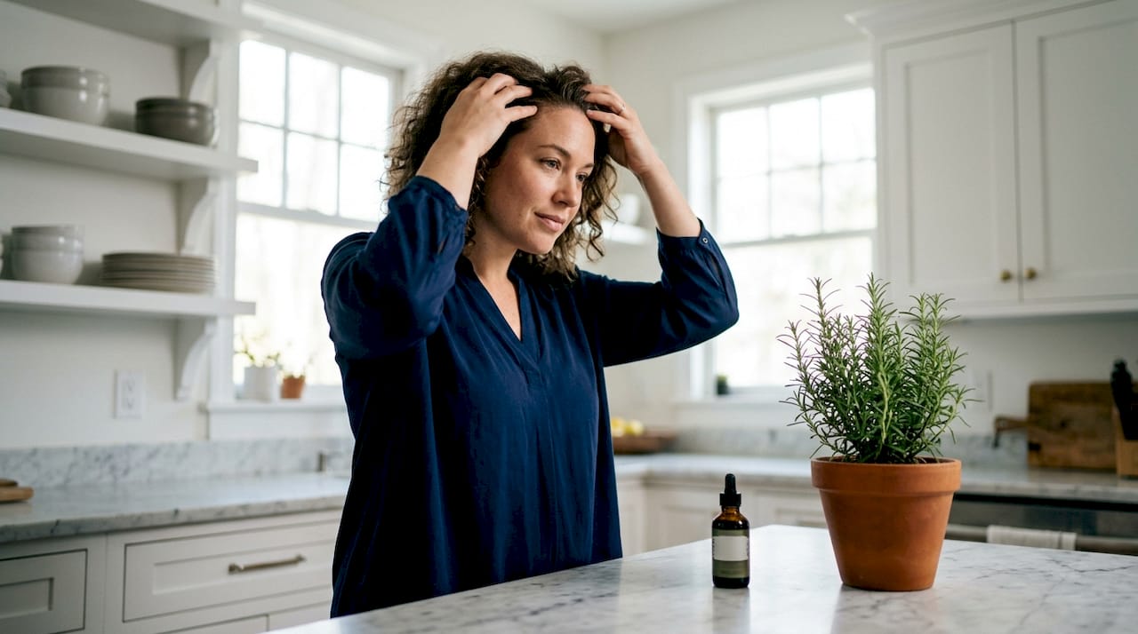 Woman applying rosemary oil on scalp at home