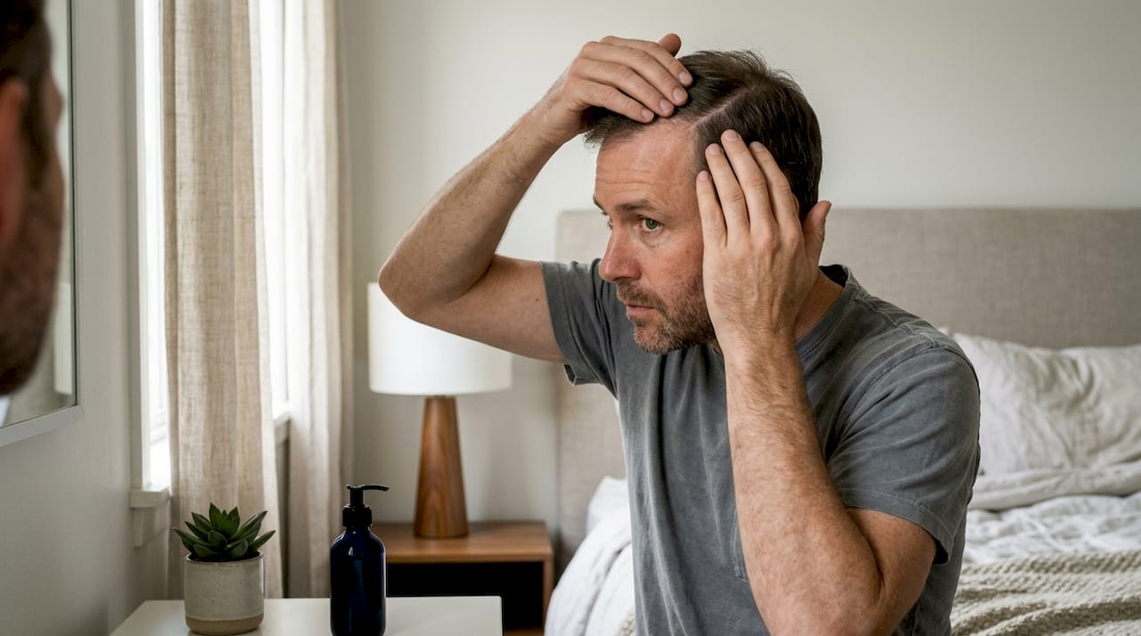 Man examining hair thinning in bathroom mirror