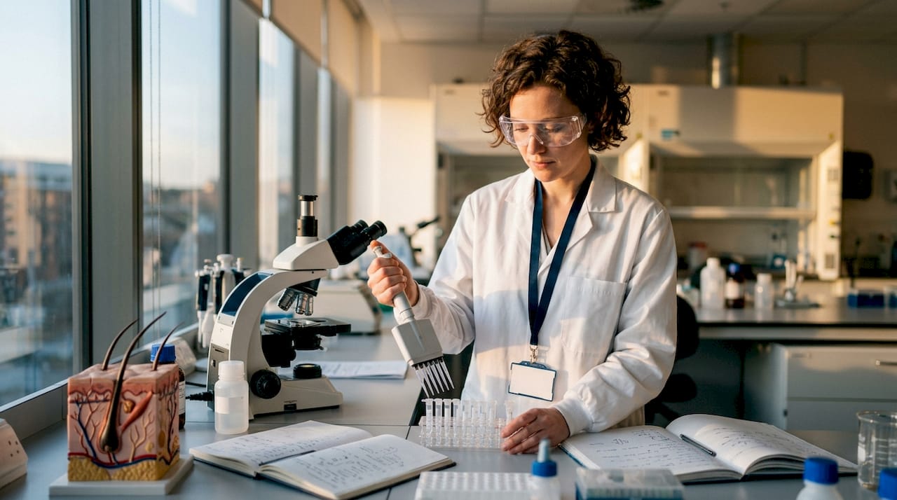 Scientist pipetting samples in hair research lab