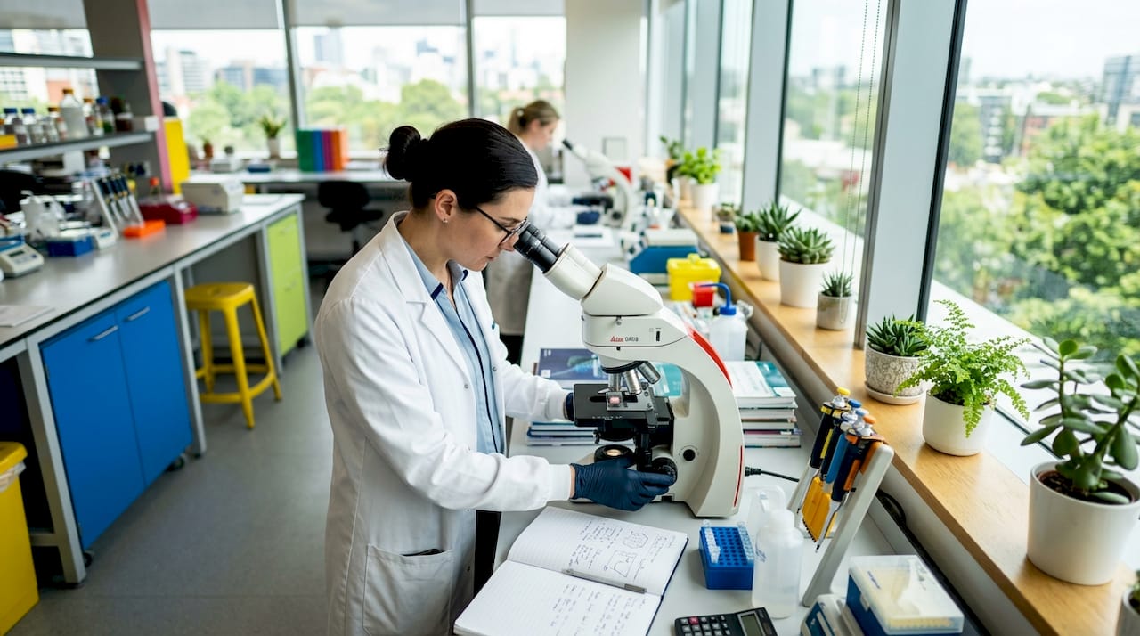 Scientist studying hair follicle biology in lab