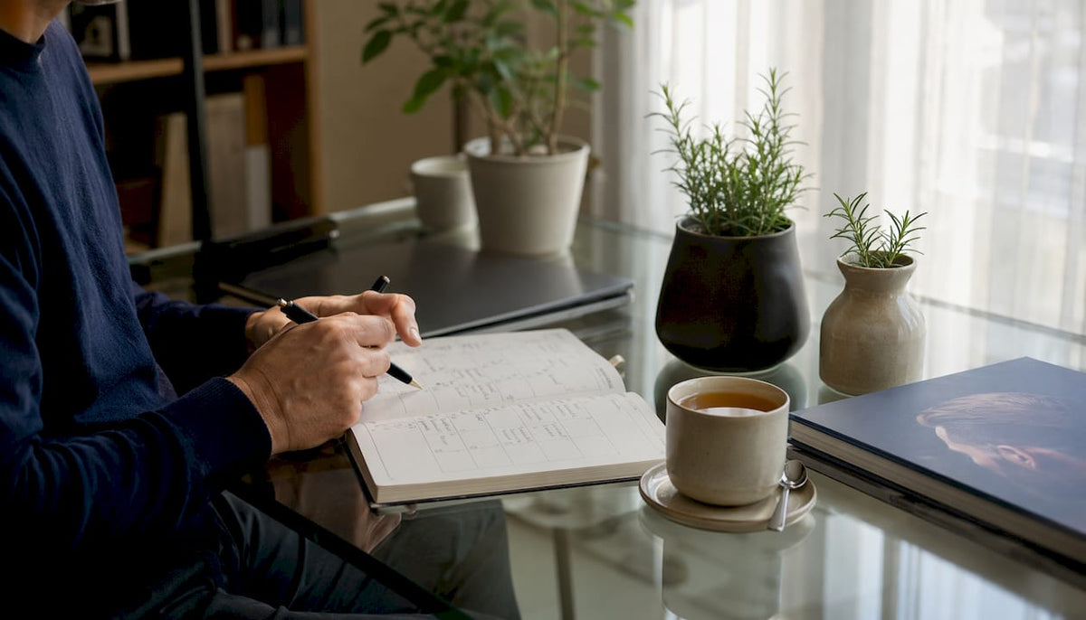 Hands planning drug-free hair restoration schedule