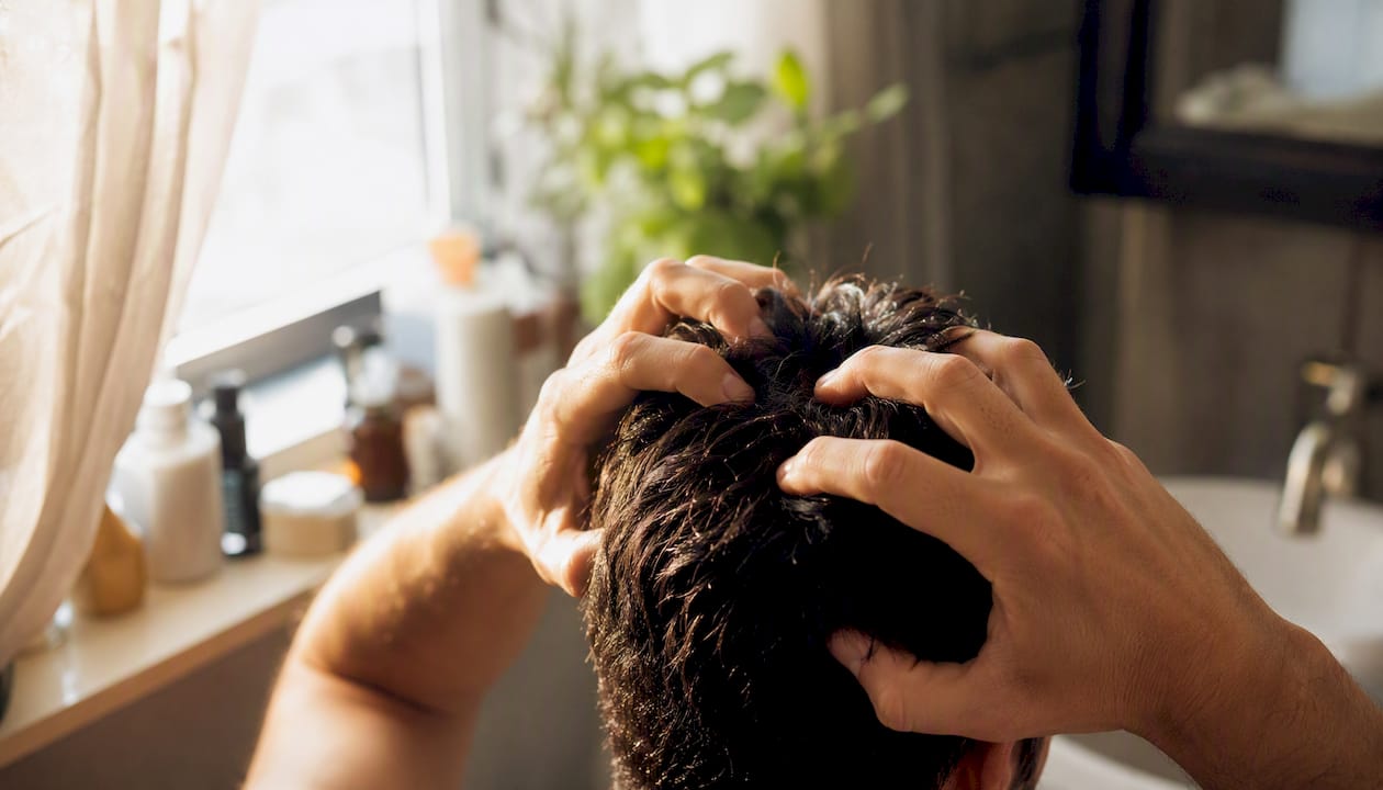Hands performing scalp massage on hair crown