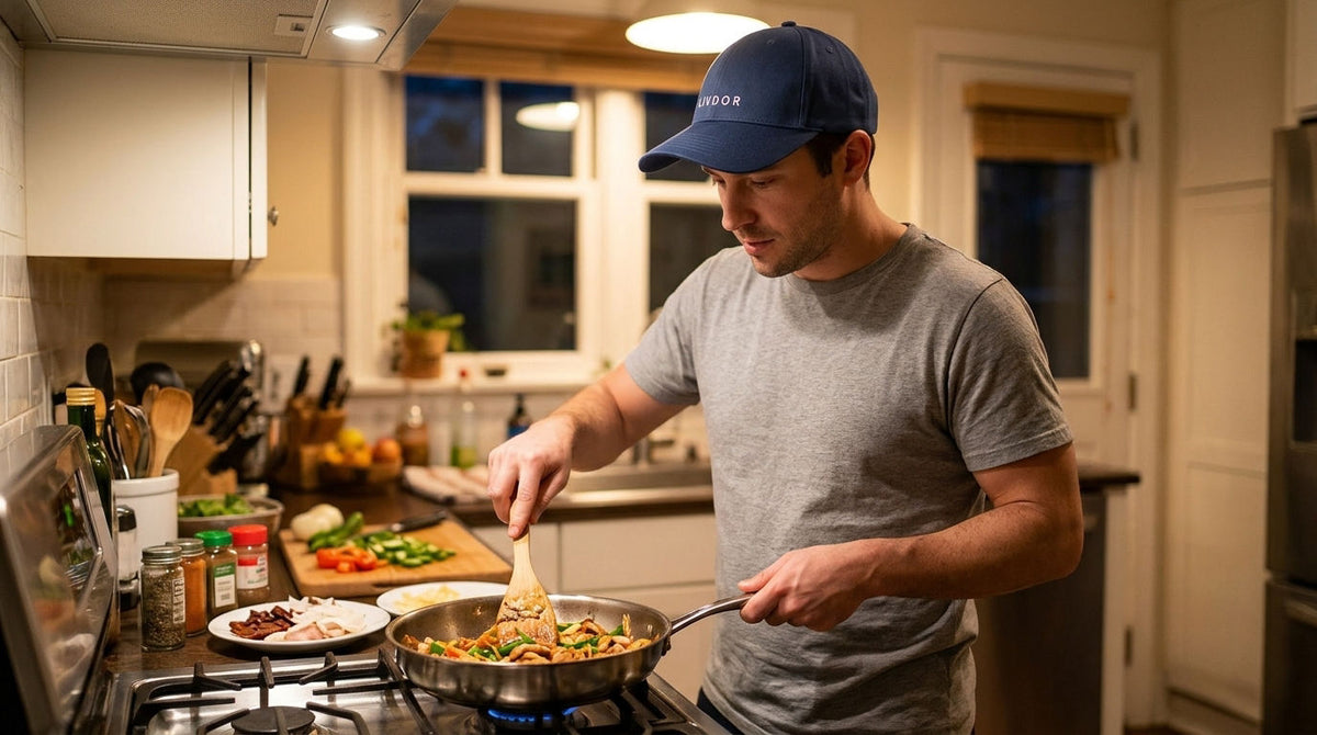 Livdor LLLT laser cap worn by a man cooking dinner