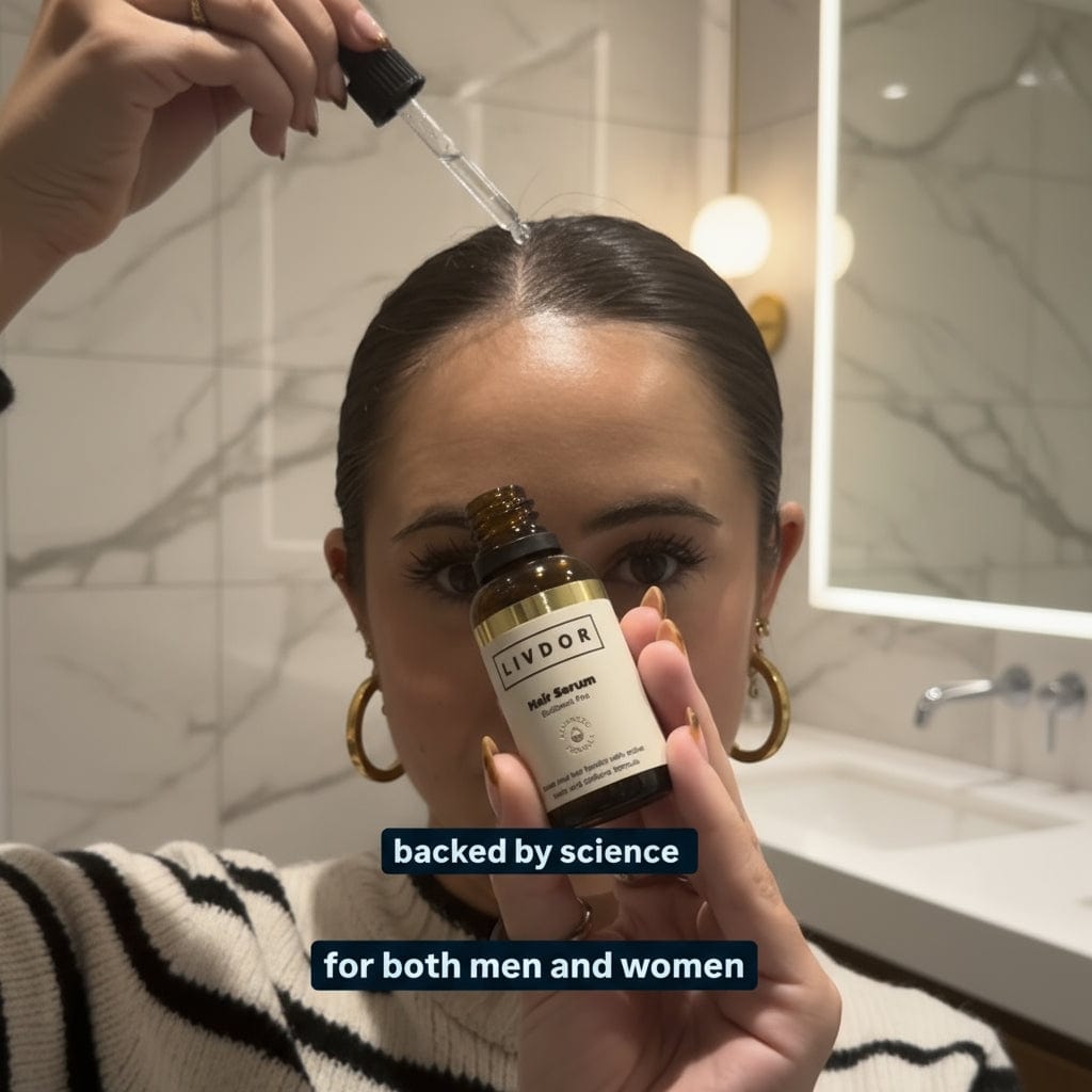 Woman applying LIVDOR Hair Growth Serum directly to scalp with dropper for easy daily use.