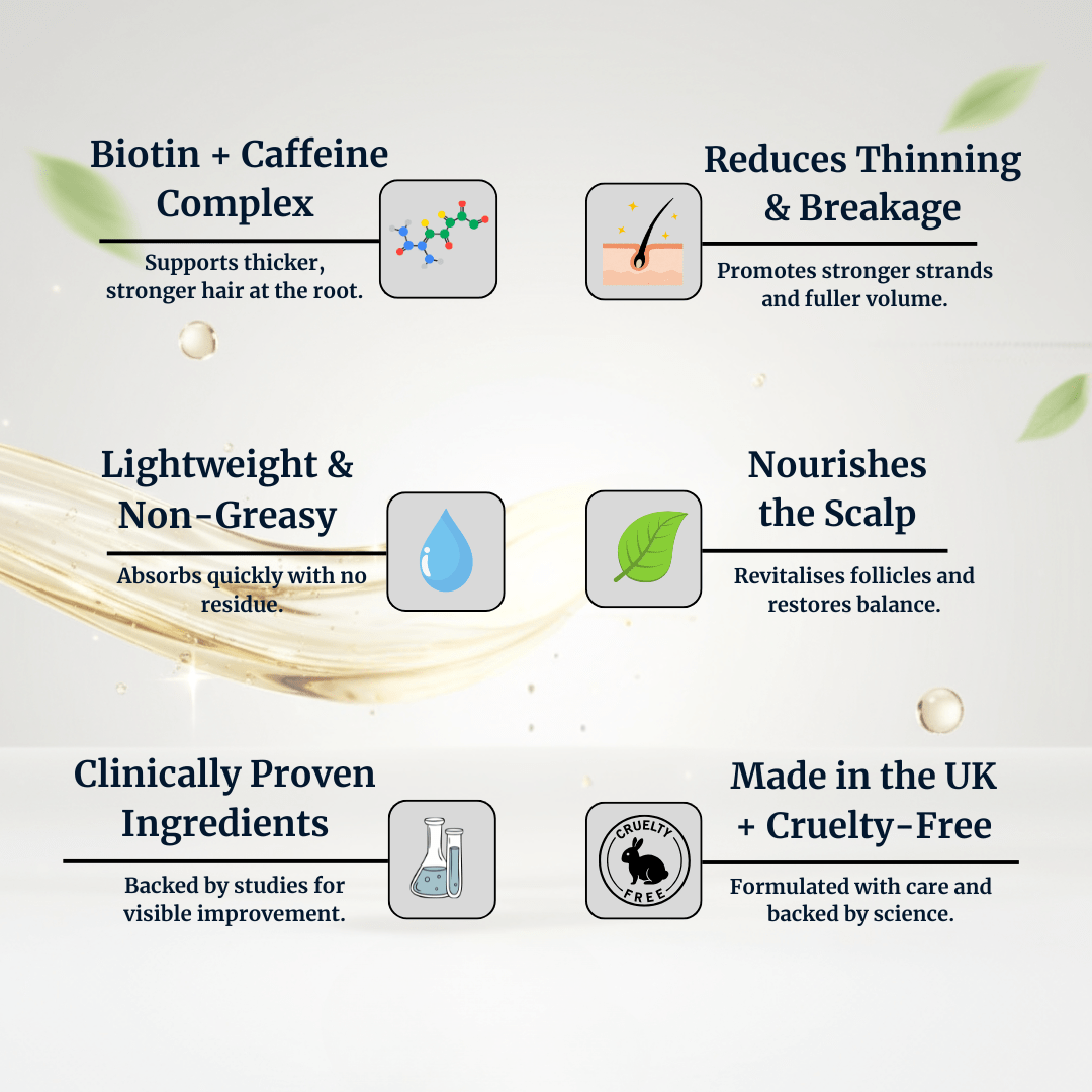 Biotin, Caffeine, Vitamin E and Pro-Vitamin B5 complex diagram showing clinically proven benefits for scalp and hair strength.