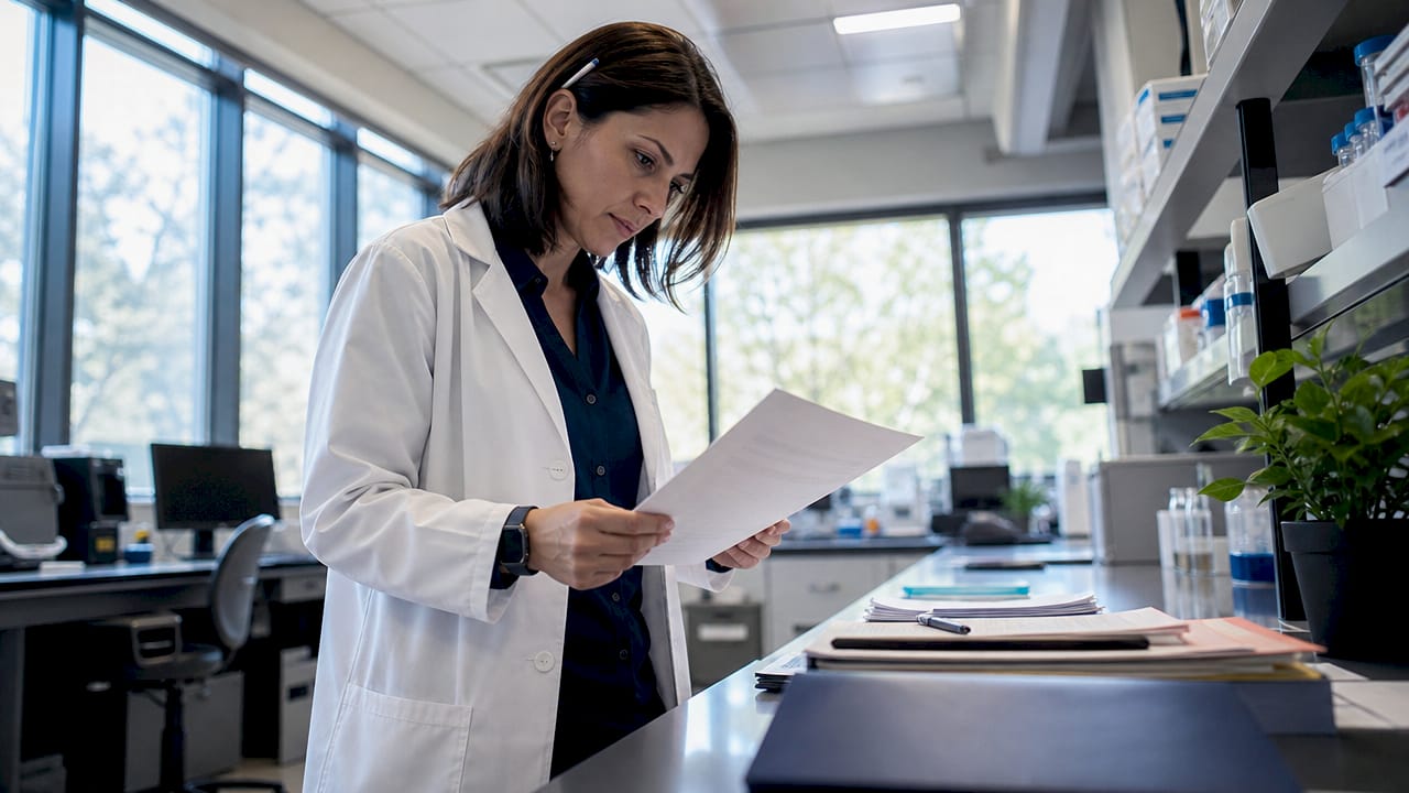 Female researcher studying hair loss clinical data