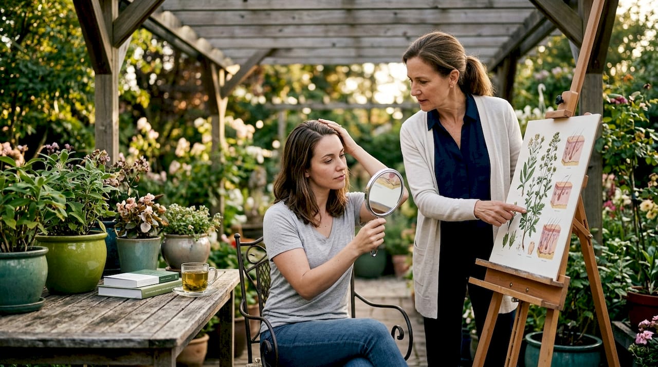 Woman consulting dermatologist about early hair loss
