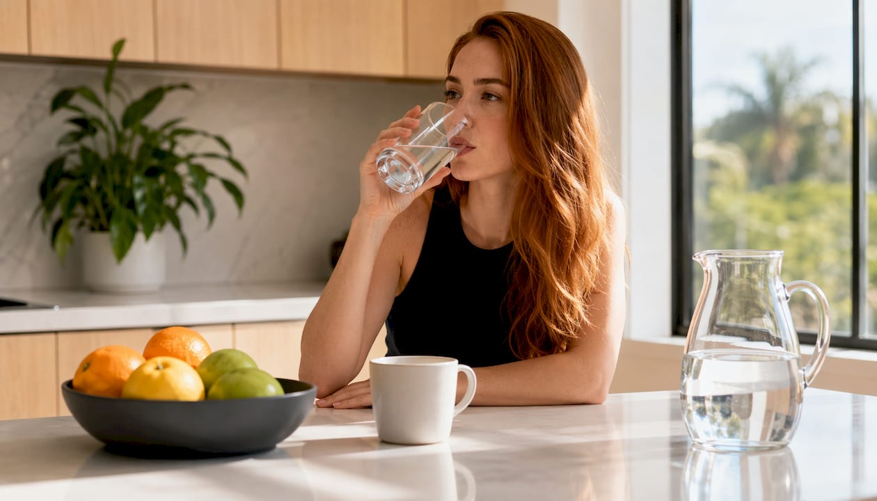 Woman drinking water to support hair health