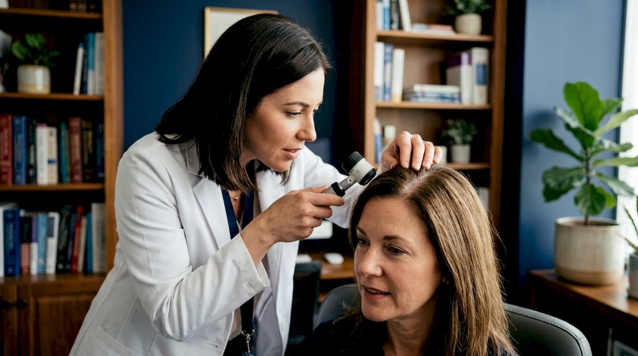Dermatologist examining female patient's scalp