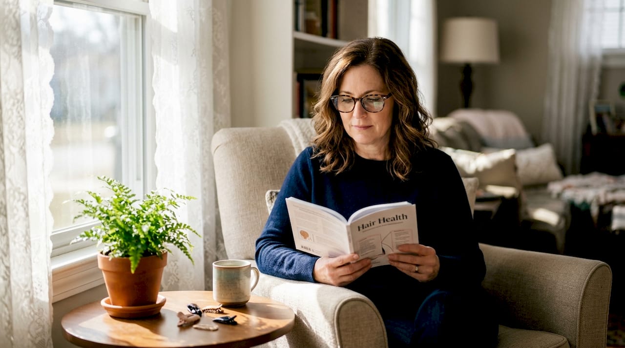 Woman reading about hormonal hair loss at home