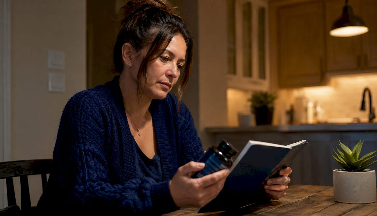 Woman reviewing hair growth product information
