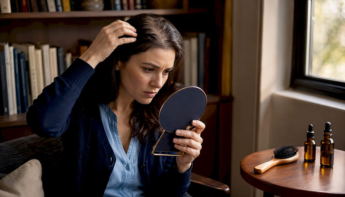 Woman inspecting thinning hair in bathroom mirror