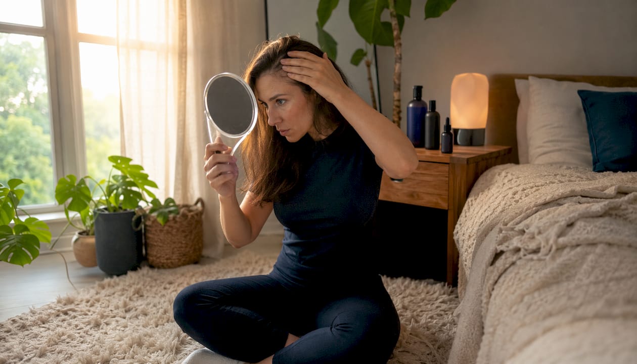 Woman examining hairline in mirror at home