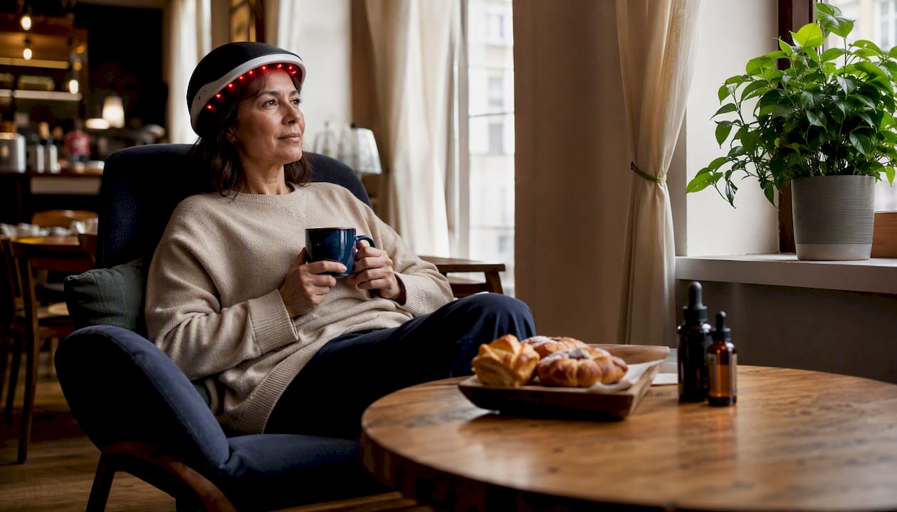 Woman wearing laser hair growth cap at home