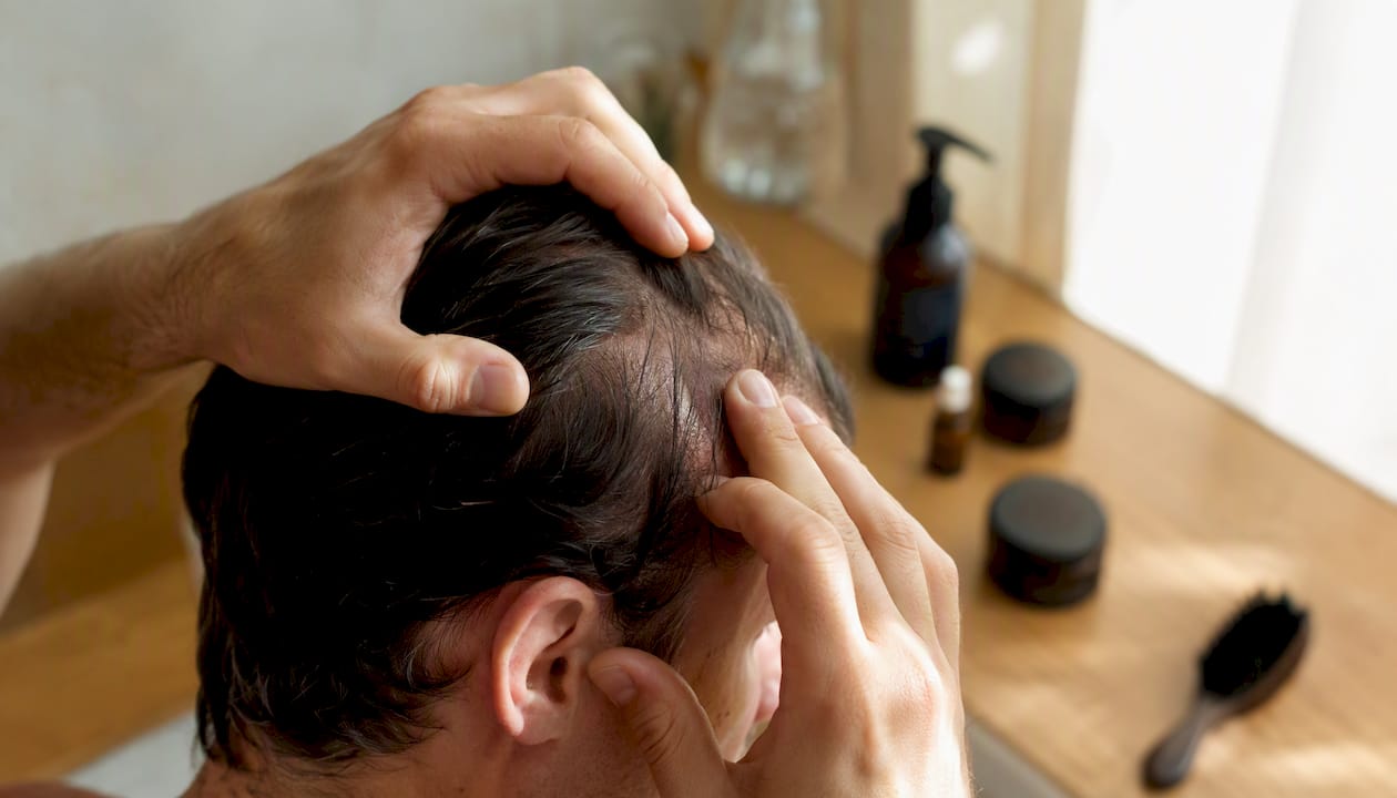 Hands applying leave-in serum to thinning scalp