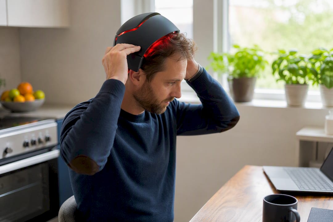 Person positioning red light therapy device on scalp