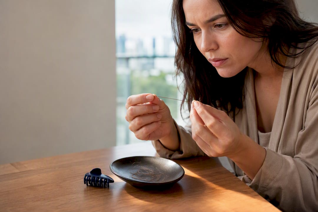 Woman examining a fallen hair strand