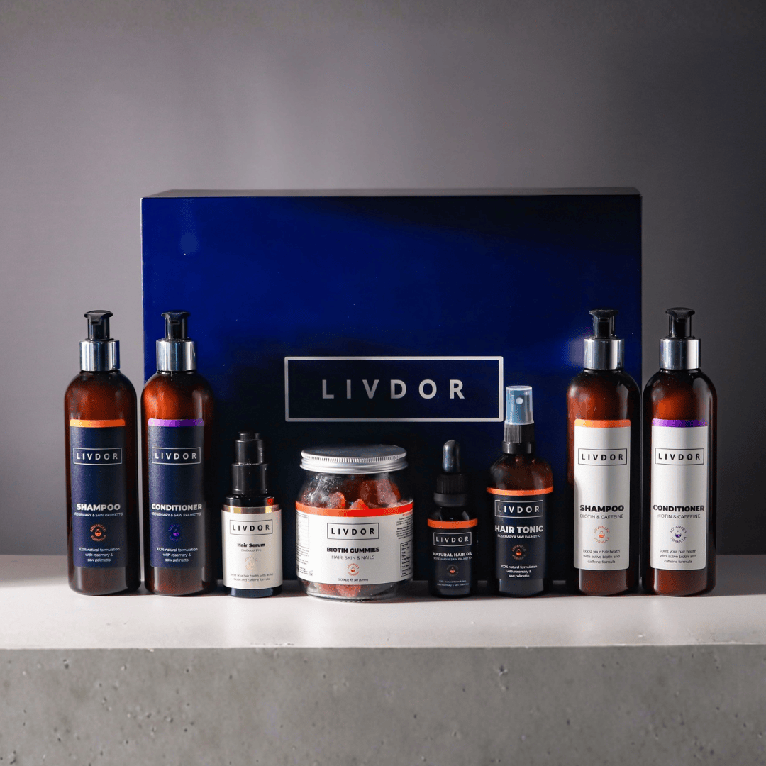 LIVDOR hair care product set on a gray surface with a dark background