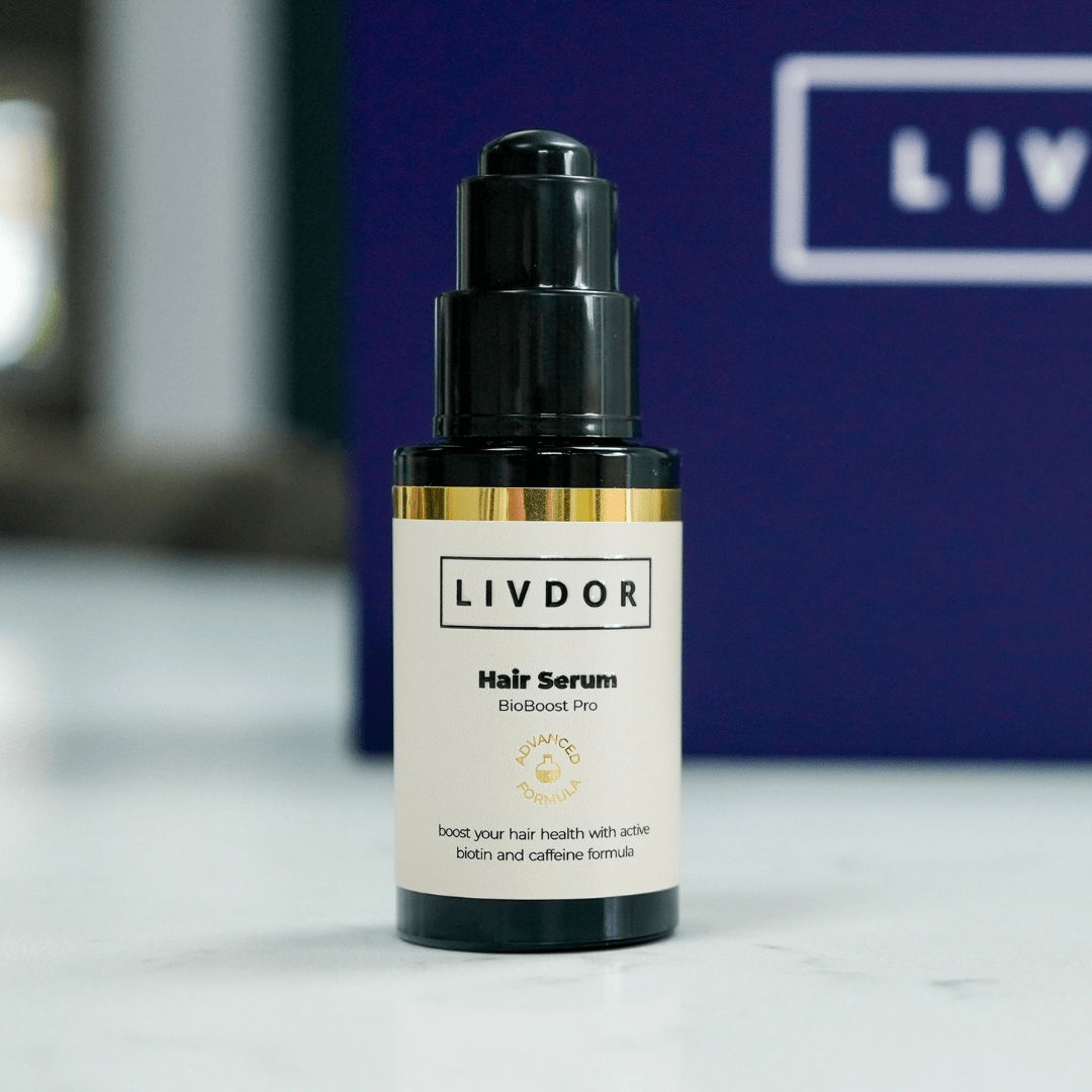LIVDOR Hair Growth Serum bottle close-up on clean background, representing UK-made premium hair care.