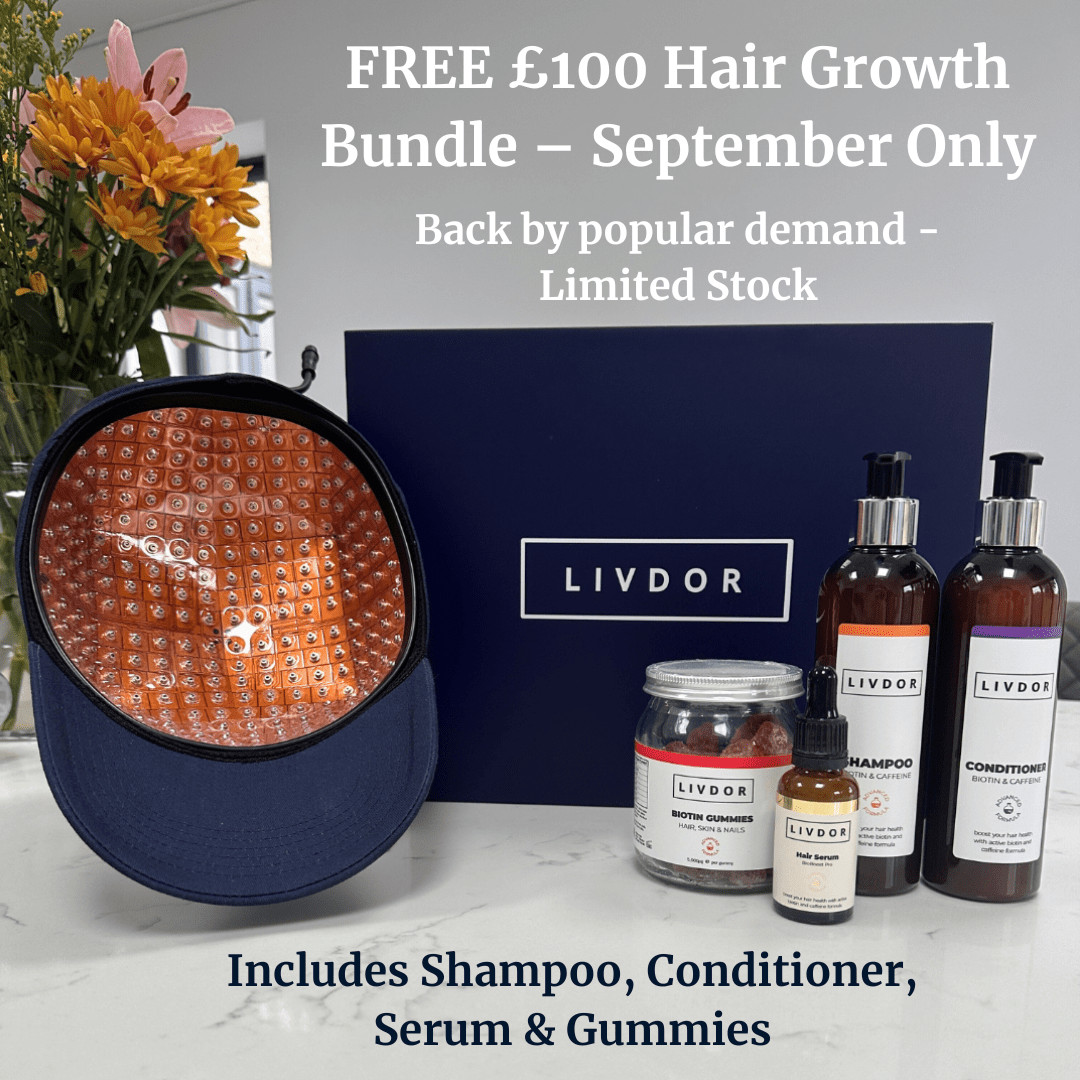 LIVDOR hair care products including shampoo, conditioner, serum, and gummies with a blue box and LED light on a marble surface.